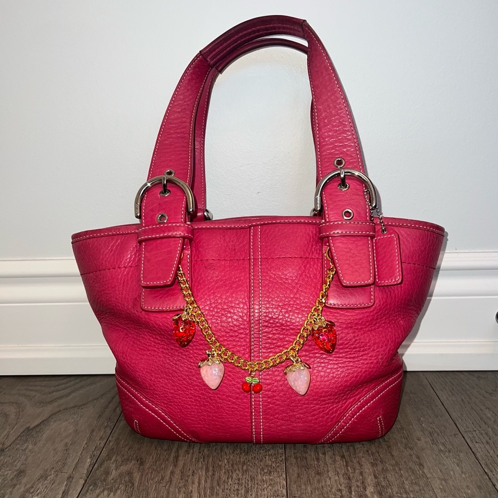 Coach Pink Leather Tote with Gold Charm Chain